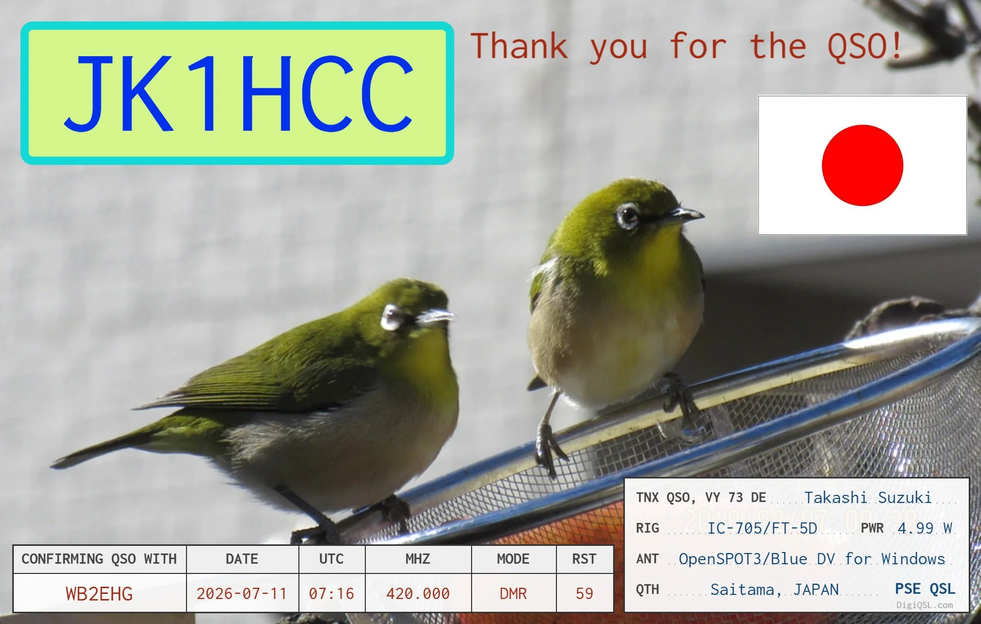QSL card from Japanese operator Takashi Suzuki, JK1HCC, in Saitama, featuring two Japanese white-eye birds and the flag of Japan.
