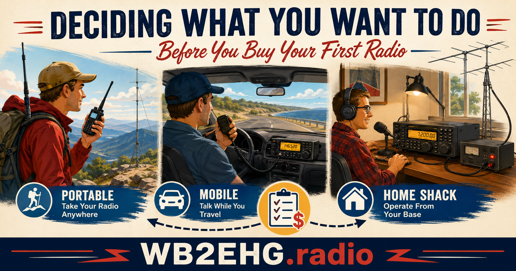 A guide on deciding what type of radio to buy, showing three scenarios: a hiker with a portable radio, a truck driver using a mobile radio, and a home operator managing a radio from their house. The guide emphasizes portability, mobile use while traveling, and home operation.