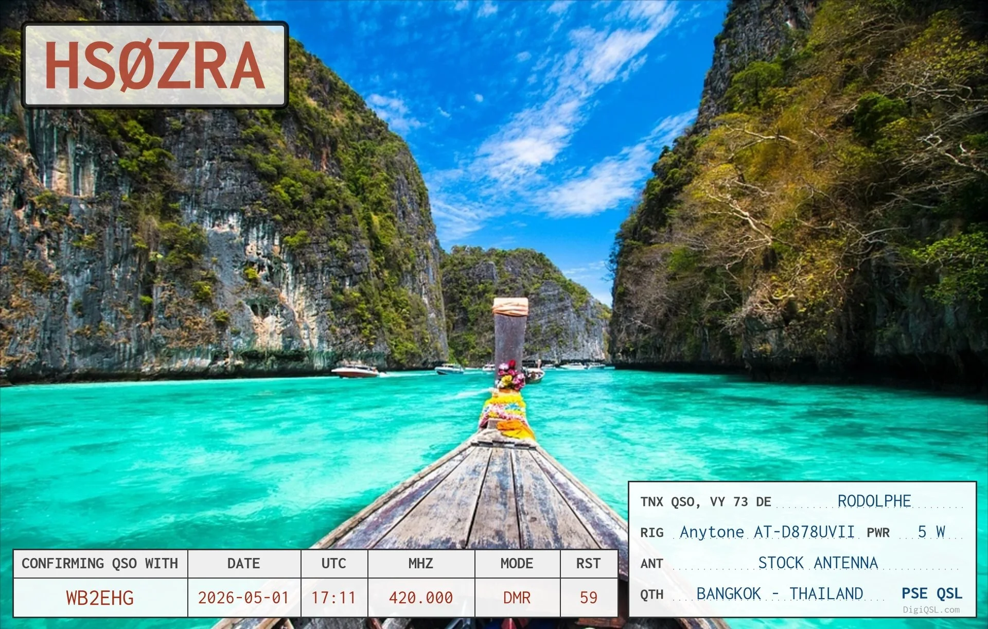 QSL card from Rodolphe, HS0ZRA, in Bangkok, Thailand, confirming a DMR contact with WB2EHG on May 1, 2026. The card shows the bow of a traditional Thai long-tail boat entering a brilliant turquoise lagoon surrounded by towering limestone cliffs.