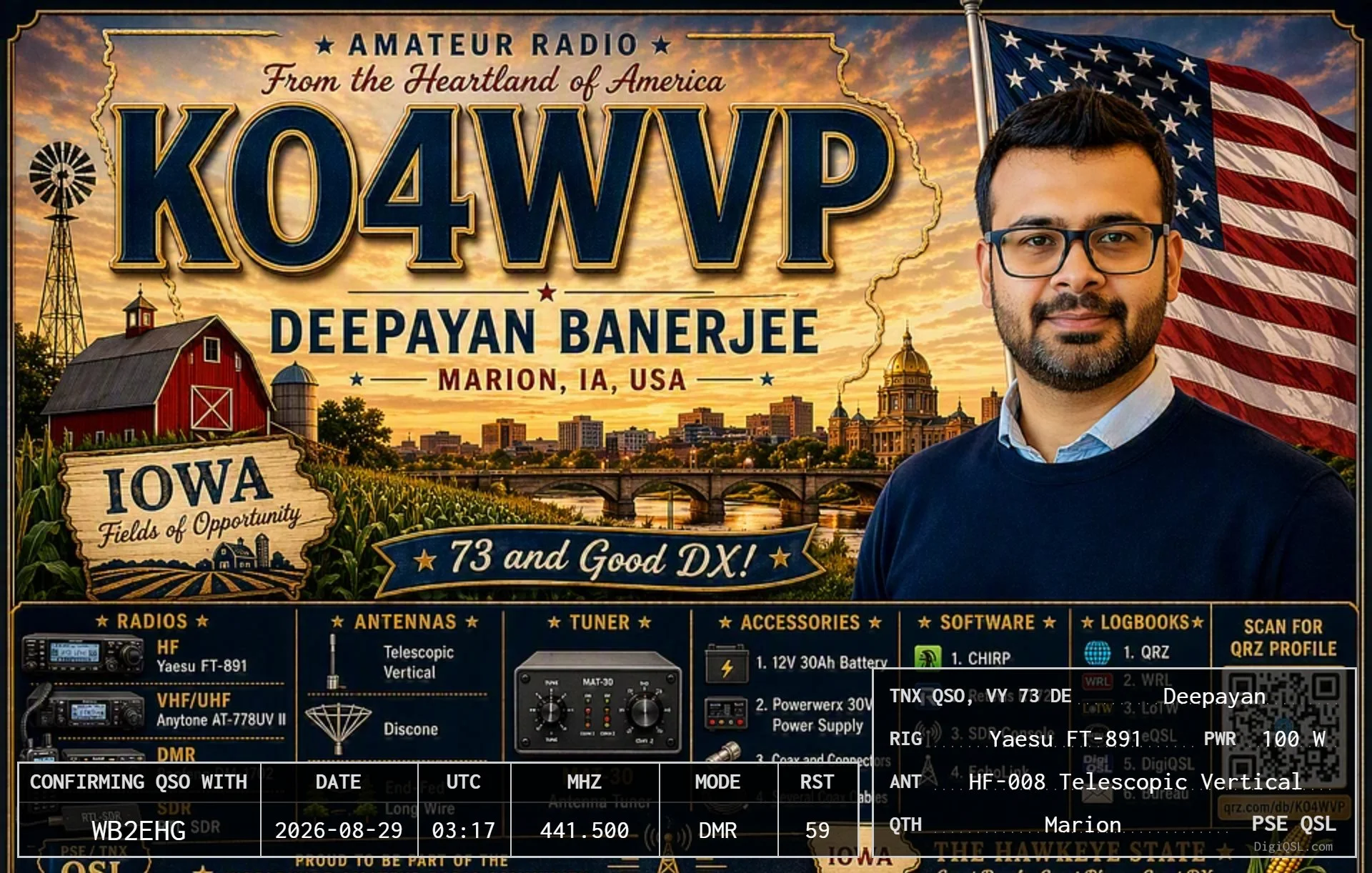 KO4WVP — Deepayan Banerjee, Marion, Iowa
A richly illustrated DigiQSL card from KO4WVP, Deepayan Banerjee of Marion, Iowa. The design celebrates the American heartland with a dramatic Iowa sunset, cornfields, a classic red barn and windmill, the stat