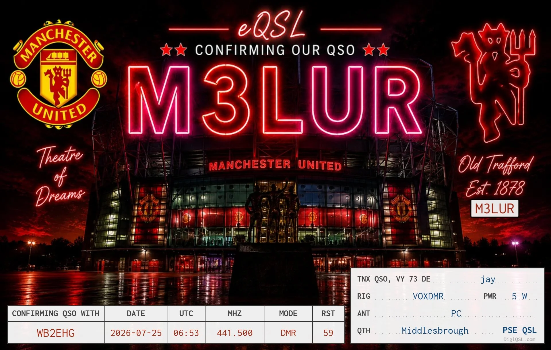 QSL card from English operator M3LUR (Jay) in Middlesbrough, featuring Manchester United’s Old Trafford stadium and confirming a DMR contact with WB2EHG.