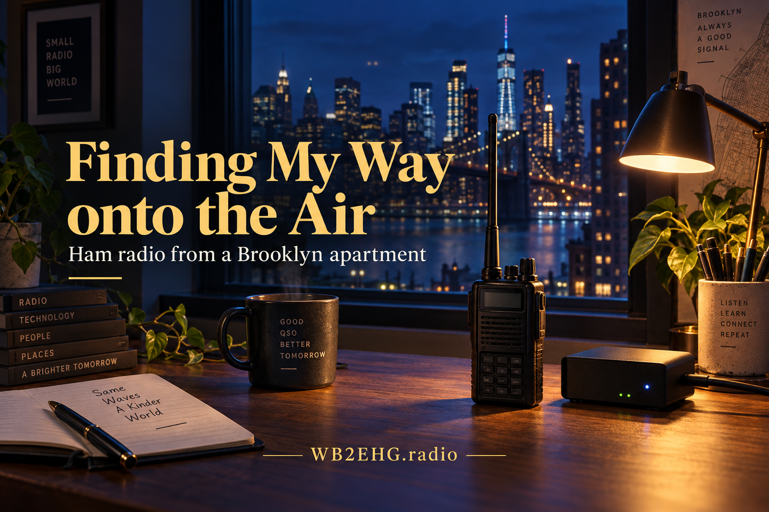 Illustration of a handheld radio and digital hotspot on a warmly lit apartment desk overlooking New York at night, titled Finding My Way onto the Air.
