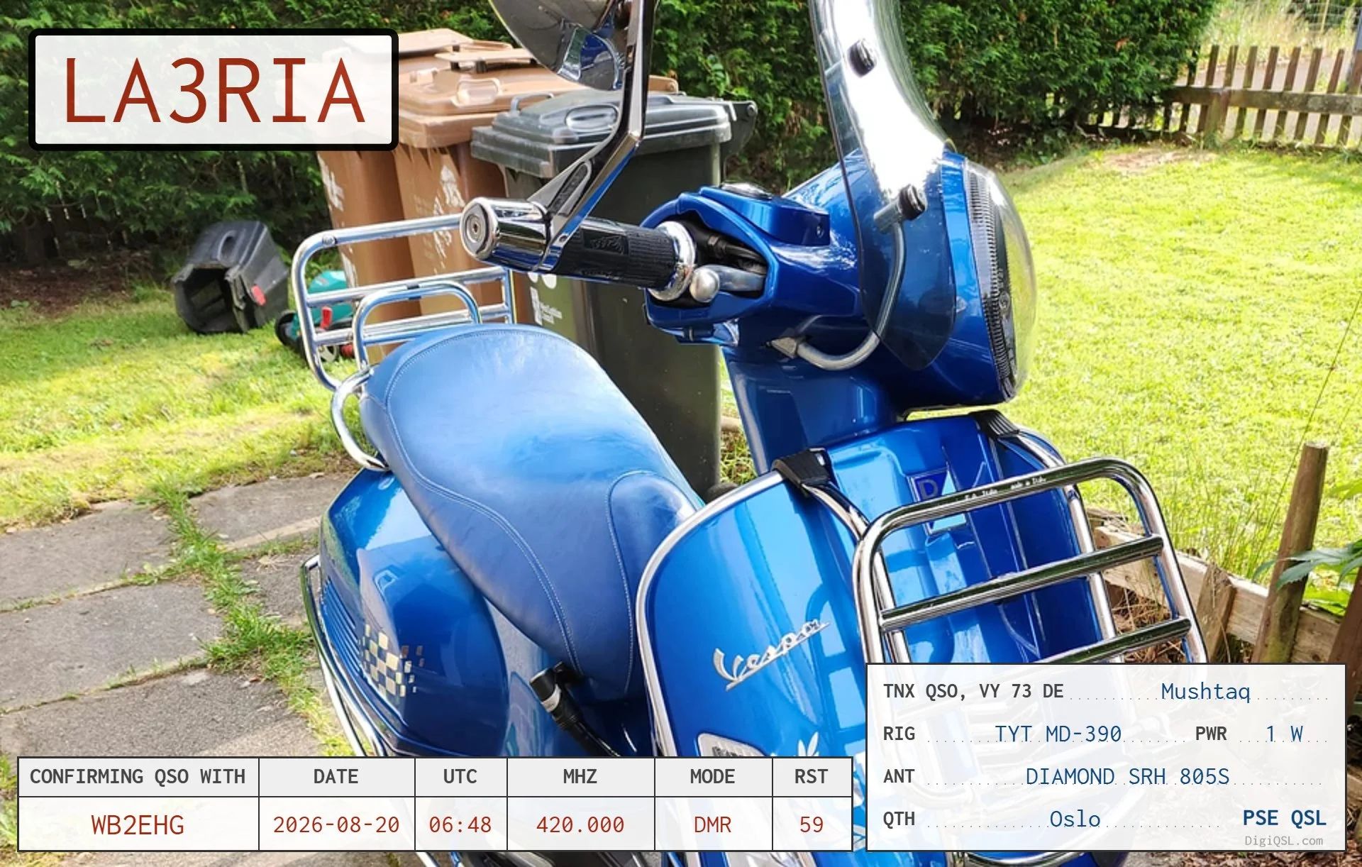 A QSL card from LA3RIA in Oslo, Norway, confirming a DMR QSO with WB2EHG on August 20, 2026. The card features a bright blue Vespa scooter and lists a TYT MD-390 running 1 watt into a Diamond SRH805S antenna.