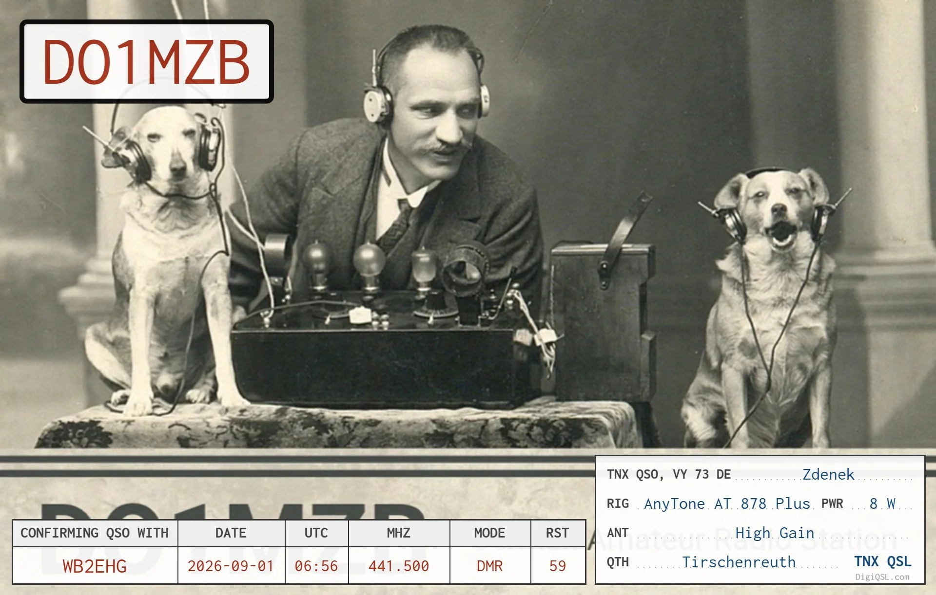 A wonderfully quirky vintage-style DigiQSL card from Zdenek, DO1MZB, in Tirschenreuth, Germany. The image shows an early radio operator seated between two dogs wearing headphones beside antique radio equipment, giving the card a playful old-time wire