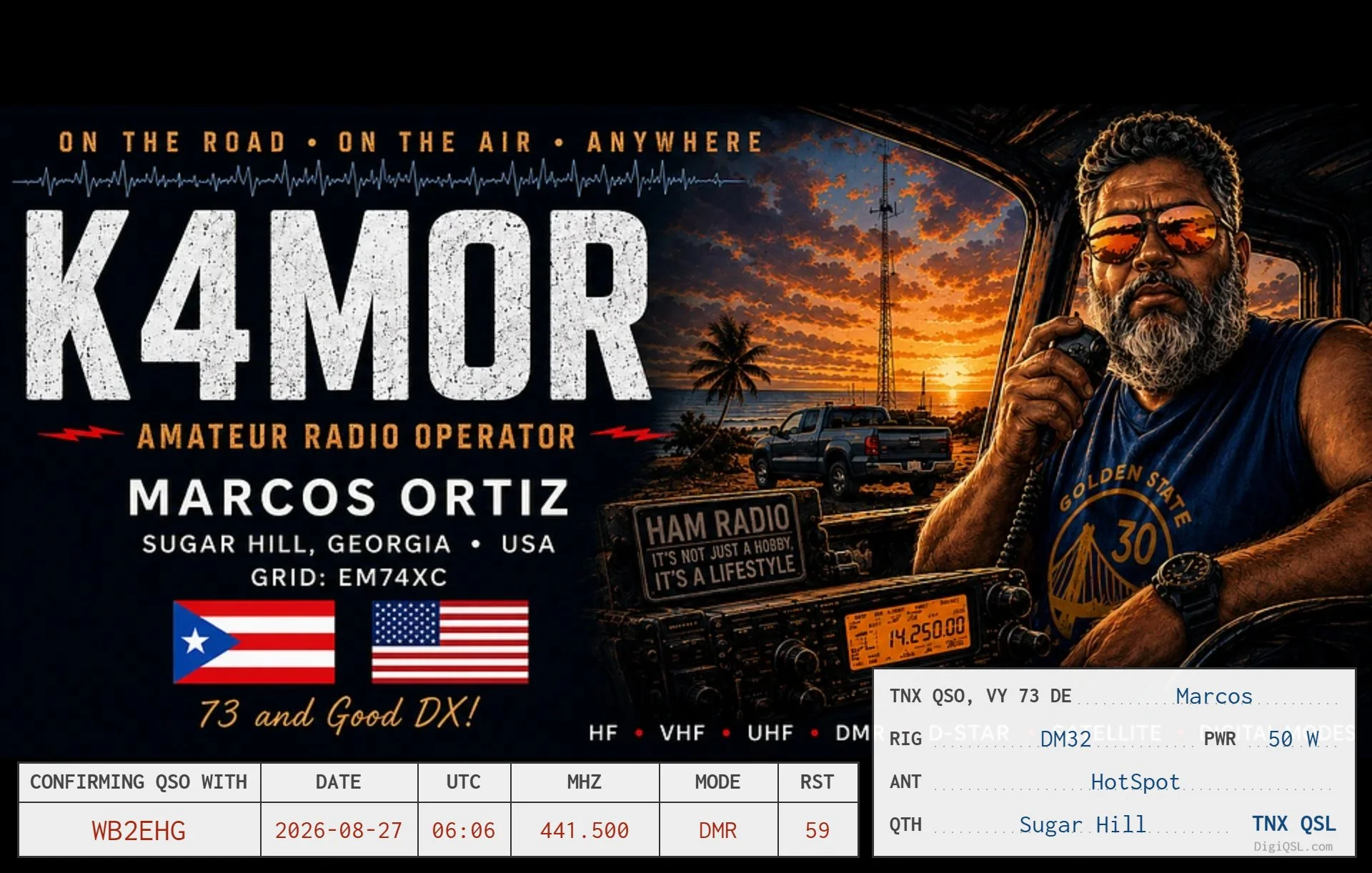K4MOR — Sugar Hill, Georgia
A bold, illustrated ham-radio-themed card featuring operator Marcos Ortiz at his station, with Puerto Rican and U.S. flags, a sunset antenna scene, and the motto “Ham Radio — It’s Not Just a Hobby, It’s a Lifestyle.” This 