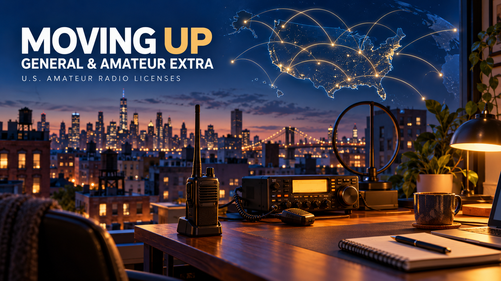 “Moving Up: General & Amateur Extra” above a handheld radio and HF station overlooking a city skyline at dusk, with glowing paths across a U.S. map.