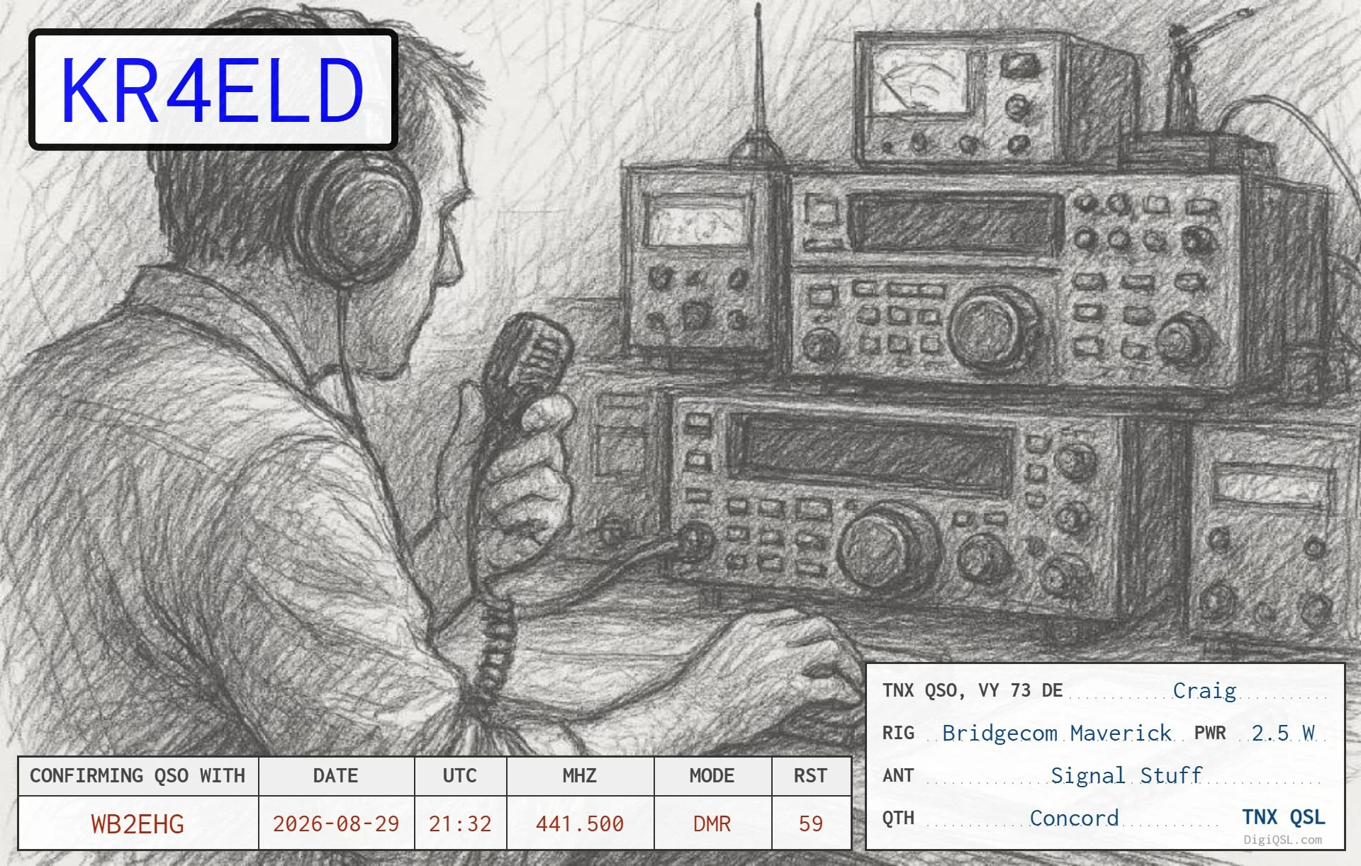 KR4ELD — United States
A distinctive hand-drawn style DigiQSL showing a radio operator at a fully equipped amateur radio station. Contact made on DMR with WB2EHG on August 29, 2026.