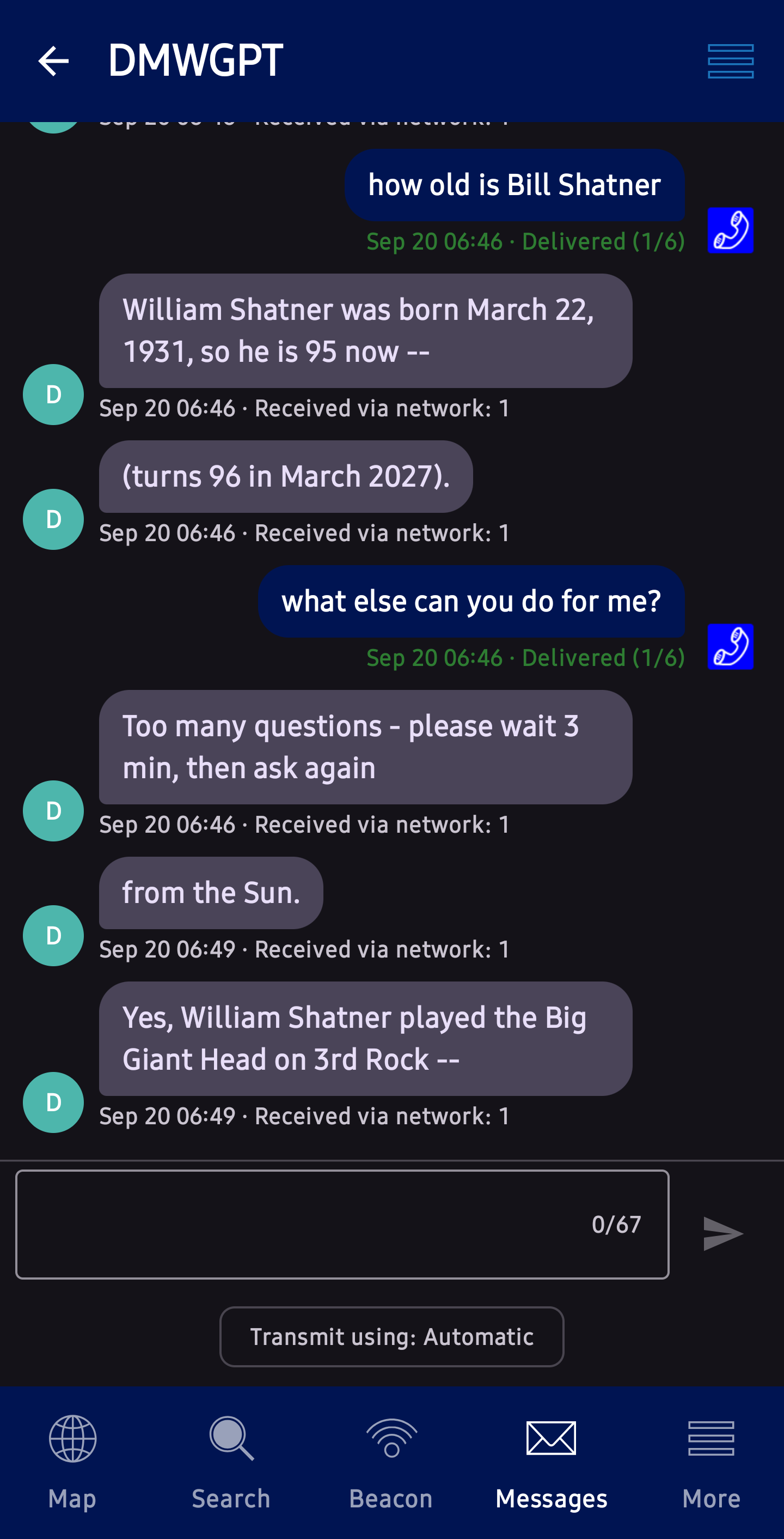 A screenshot of a messaging app conversation about William Shatner's age, showing chat messages with date and time stamps, and navigation icons at the bottom.