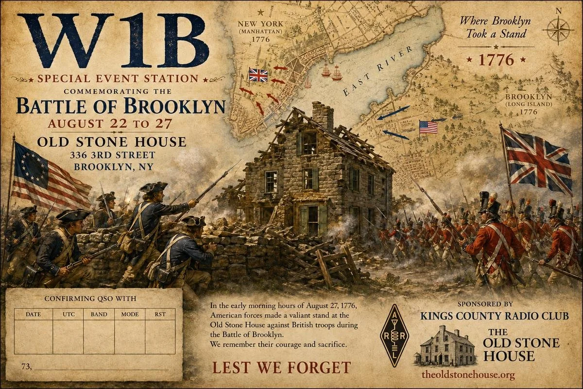 QSL Card for Special Event Station W1B commemorating the Battle of Brooklyn August 22 to 27 at the Old Stone House, Brooklyn, N.Y.