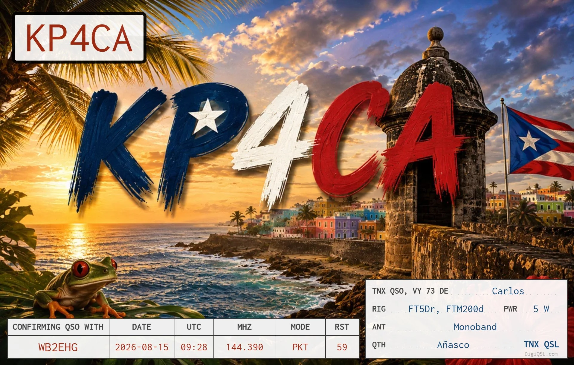 KP4CA — Añasco, Puerto Rico
DigiQSL from Carlos, KP4CA, confirming our APRS OTA packet QSO on 144.390 MHz. Worked from Brooklyn on August 15, 2026.