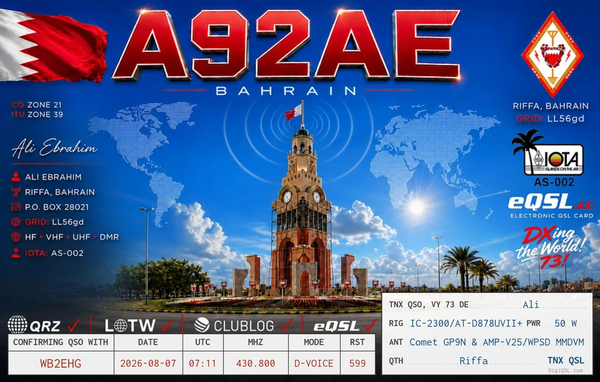 A memorable DMR contact with Ali, A92AE, in Riffa, Bahrain. We connected on August 7, 2026, giving WB2EHG another confirmed contact from the Middle East and one more country on the march toward the next DX milestone. His beautifully designed QSL card