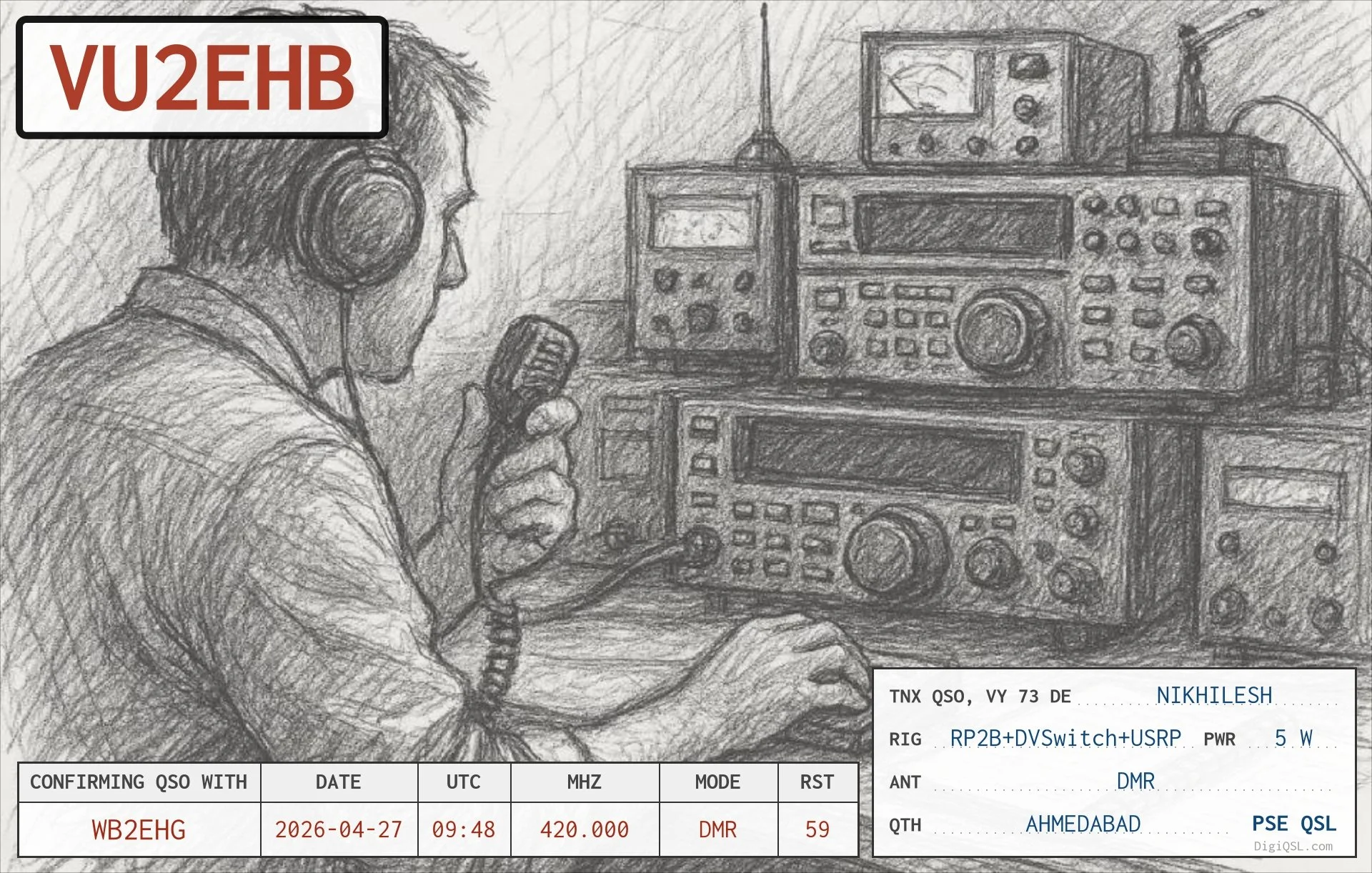 QSL card from Nikhilesh, VU2EHB, in Ahmedabad, India, confirming a DMR contact with WB2EHG on April 27, 2026. The card features a pencil drawing of an amateur radio operator working at a station surrounded by radio equipment.
