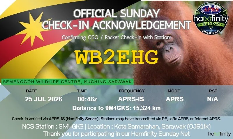APRS check-in acknowledgment for WB2EHG from the Hamfinity Sunday Net in Sarawak, Malaysia, featuring an orangutan at the Semenggoh Wildlife Centre.