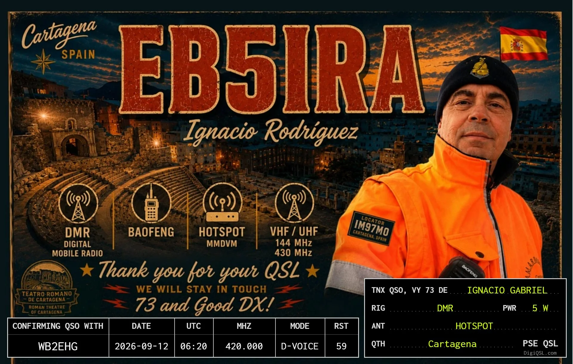 DigiQSL from Ignacio Rodriguez, EB5IRA, in Cartagena, Spain, confirming our September 12, 2026 DMR contact on BrandMeister TG91. A beautiful card featuring Cartagena’s Roman theatre and a very satisfying bit of late-night DX from Brooklyn.