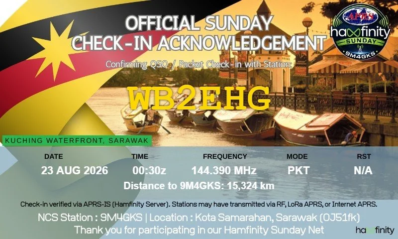 Hamfinity Sunday Net check-in acknowledgement for WB2EHG, confirming an APRS packet check-in on 144.390 MHz at 00:30 UTC on August 23, 2026. Issued by net control station 9M4GKS in Kota Samarahan, Sarawak, Malaysia, the card features the Kuching Wate