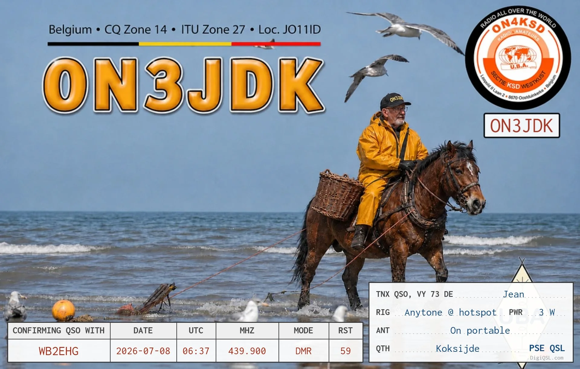 QSL card from Jean, ON3JDK, in Koksijde, Belgium, confirming a DMR contact with WB2EHG on July 8, 2026. The card depicts Jean riding a working horse along the Belgian coast beneath flying seagulls.