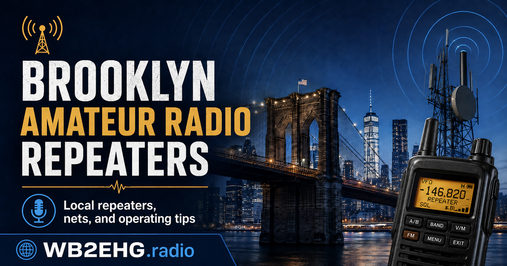 Digital image promoting Brooklyn amateur radio repeaters, displaying a Brooklyn bridge in New York City at night with a radio and antenna. Text reads: 'Brooklyn Amateur Radio Repeaters', 'Local repeaters, nets, and operating tips', and 'WB2EHG.radio'.