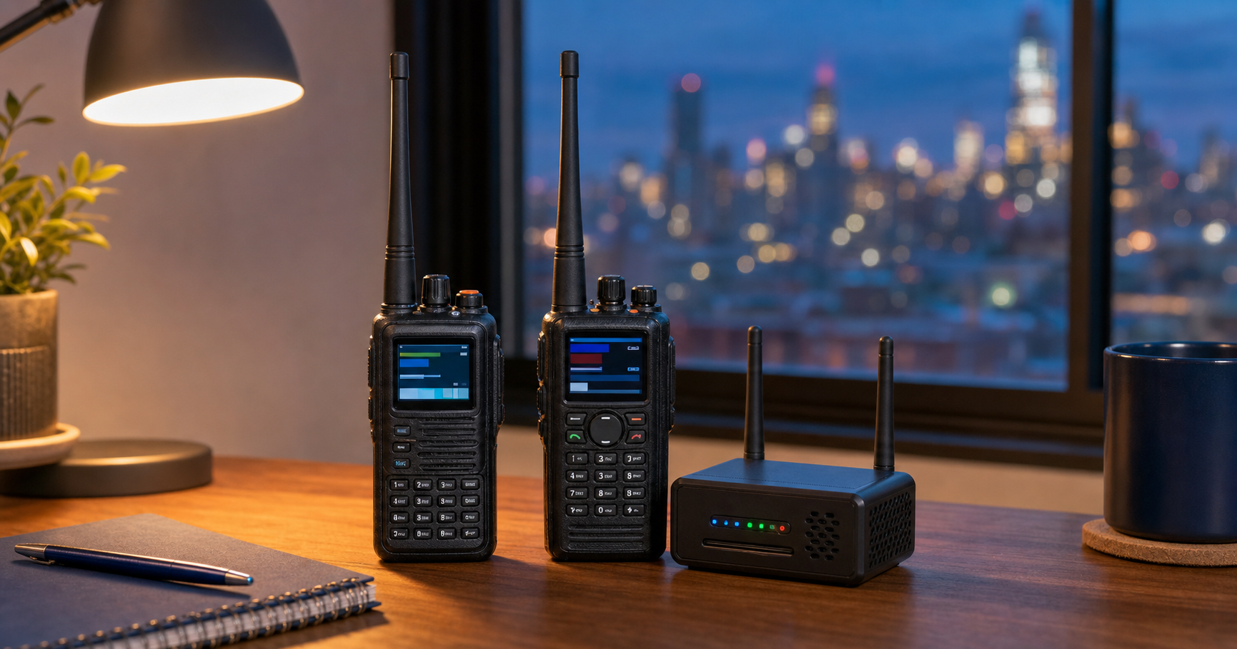 Two DMR handheld radios and a dual-antenna digital hotspot at a Brooklyn amateur-radio station.