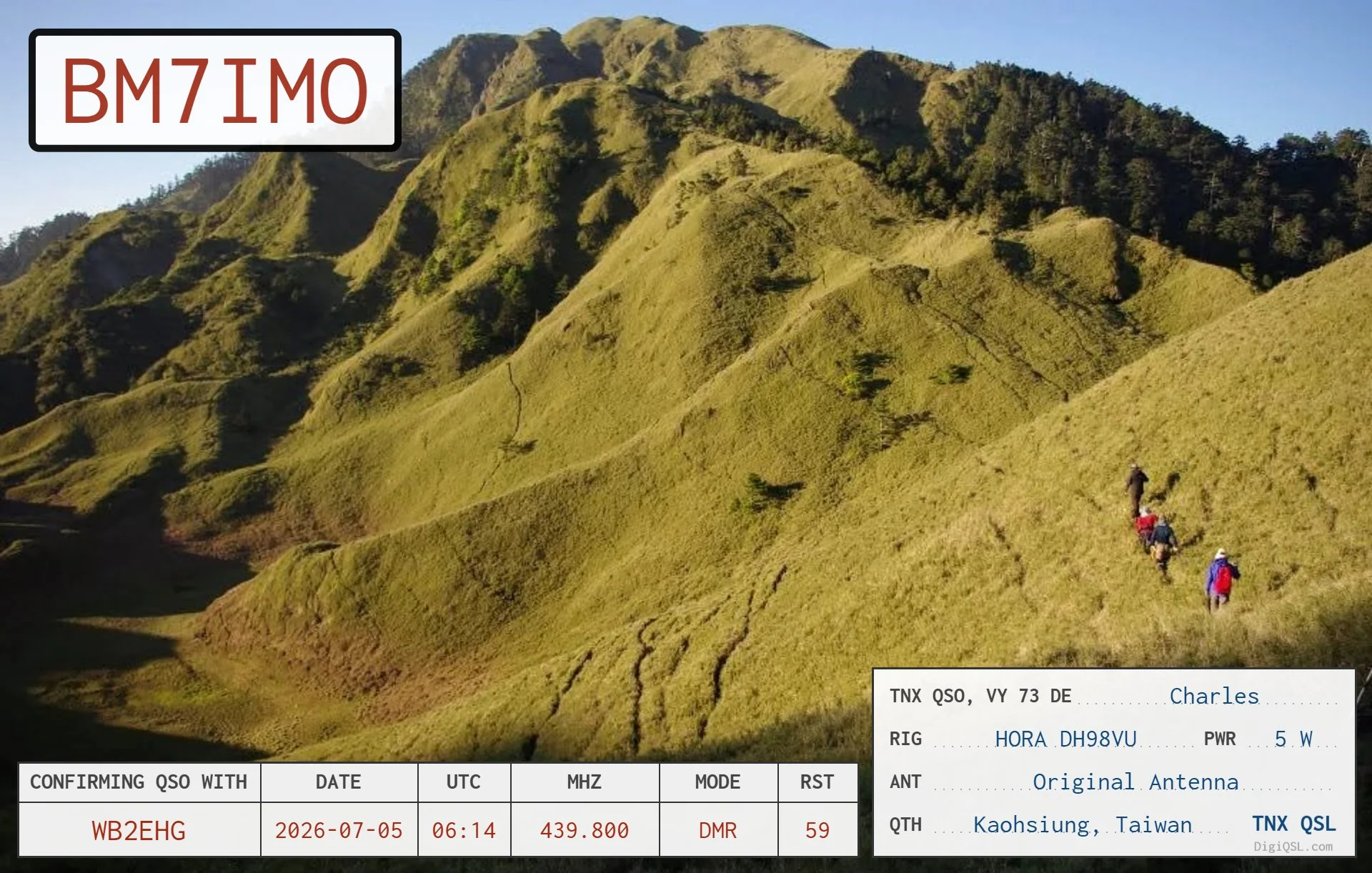 QSL card from Charles, BM7IMO, in Kaohsiung, Taiwan, confirming a DMR contact with WB2EHG on July 5, 2026. The card features hikers crossing the dramatic green slopes of an Asian mountain landscape.