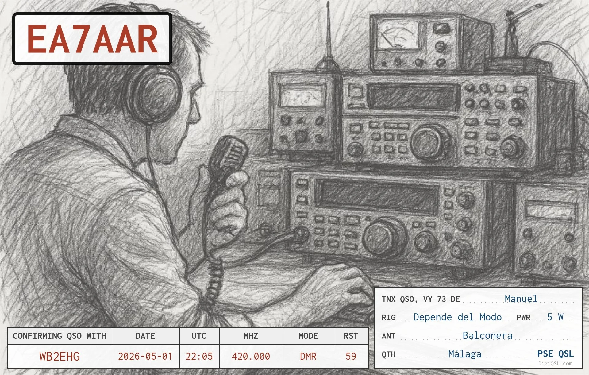 QSL card from Manuel, EA7AAR, in Málaga, Spain, confirming a DMR contact with WB2EHG on May 1, 2026. The card features a pencil drawing of an amateur radio operator seated before a collection of transceivers and station equipment.