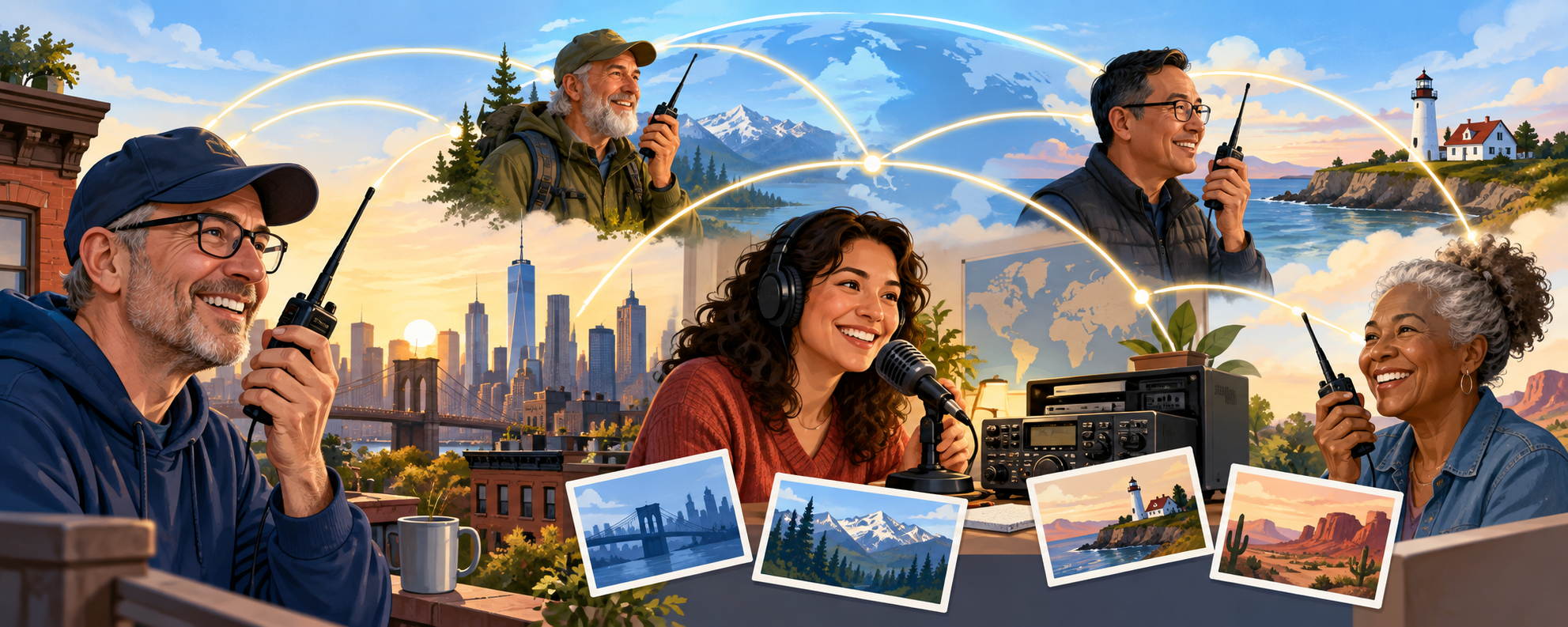 Amateur-radio operators in different locations connected through radio signals around the world.