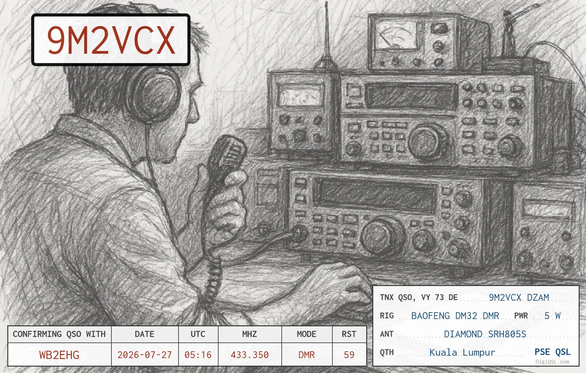 QSL card from Malaysian operator 9M2VCX in Kuala Lumpur, featuring a pencil drawing of an amateur radio operator at a radio station.