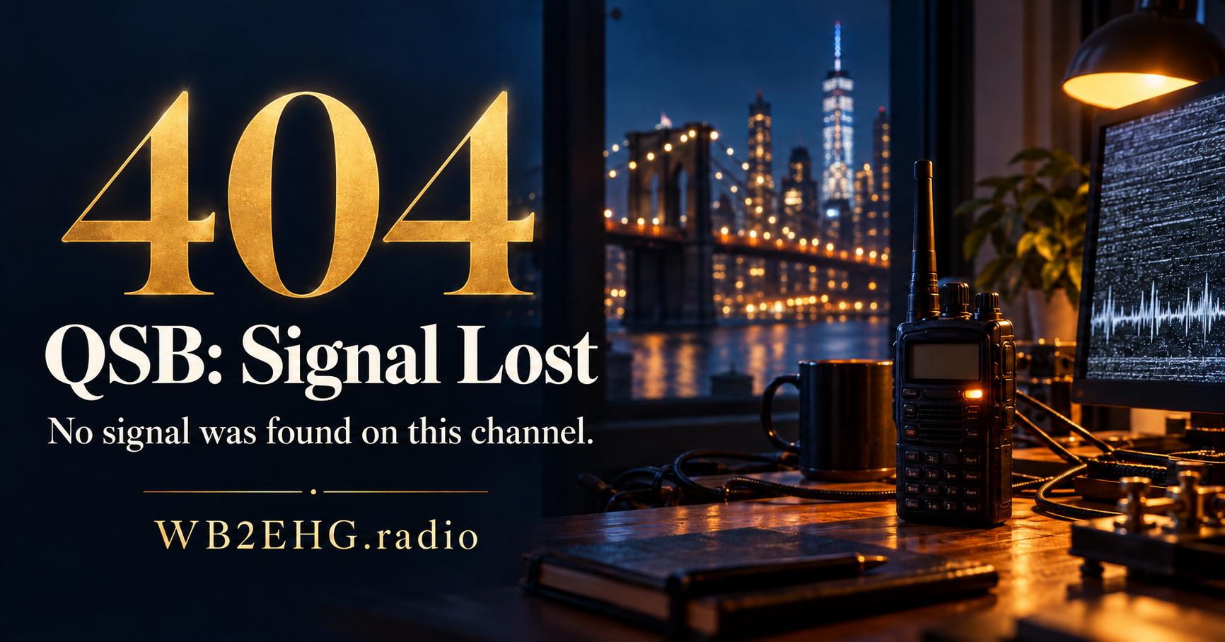 A computer screen displays a signal loss message with the text '404 QSB: Signal Lost' and 'No signal was found on this channel.' The background shows a cityscape at night with a lit bridge and skyscrapers. A radio communication device, a mug, and other equipment are on a wooden desk in a dimly lit room.