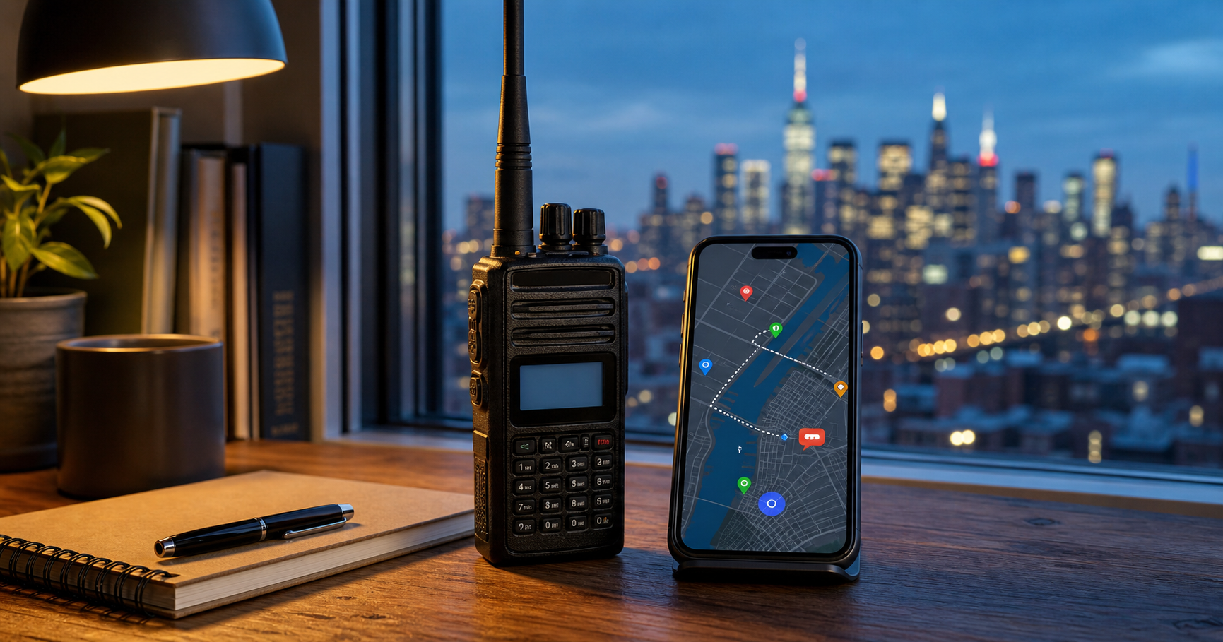 An APRS handheld radio beside a smartphone displaying a fictional map with position markers at a Brooklyn amateur-radio station.