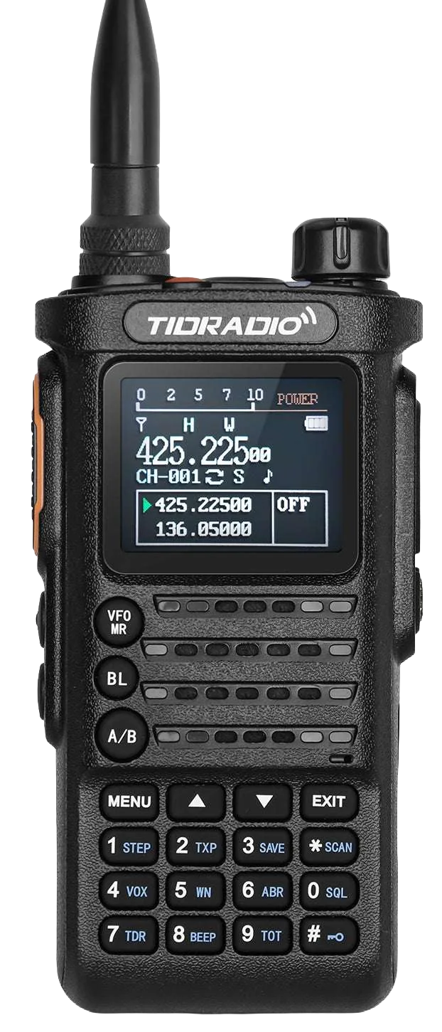 A handheld radio communication device, specifically a TIDRADIO, with a display screen showing frequency settings and buttons for operation.