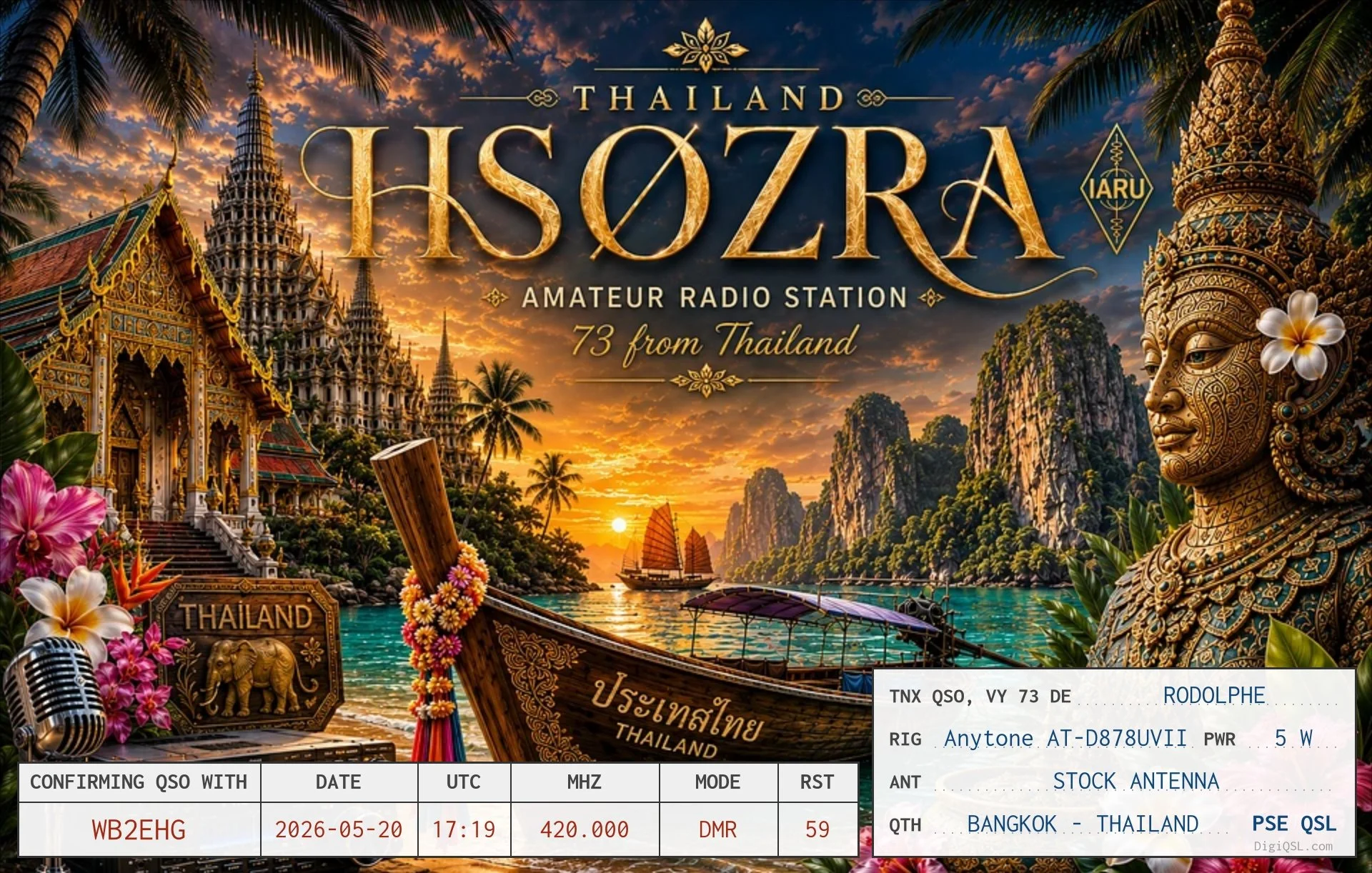 QSL card from Rodolphe, HS0ZRA, in Bangkok, Thailand, confirming a DMR contact with WB2EHG on May 20, 2026. The richly illustrated card celebrates Thailand with ornate temples, tropical scenery, a traditional long-tail boat, and classical Thai artwor