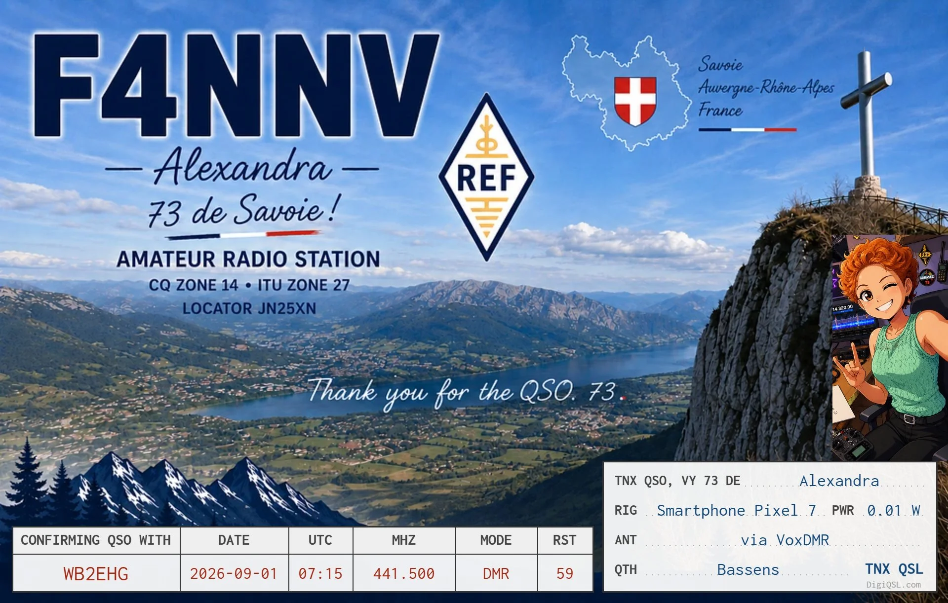 A scenic DigiQSL card from Alexandra, F4NNV, in Savoie in the Auvergne-Rhône-Alpes region of France. The card features a sweeping mountain-and-lake panorama, French regional imagery, the REF amateur radio emblem, and a stylized portrait of Alexandra 