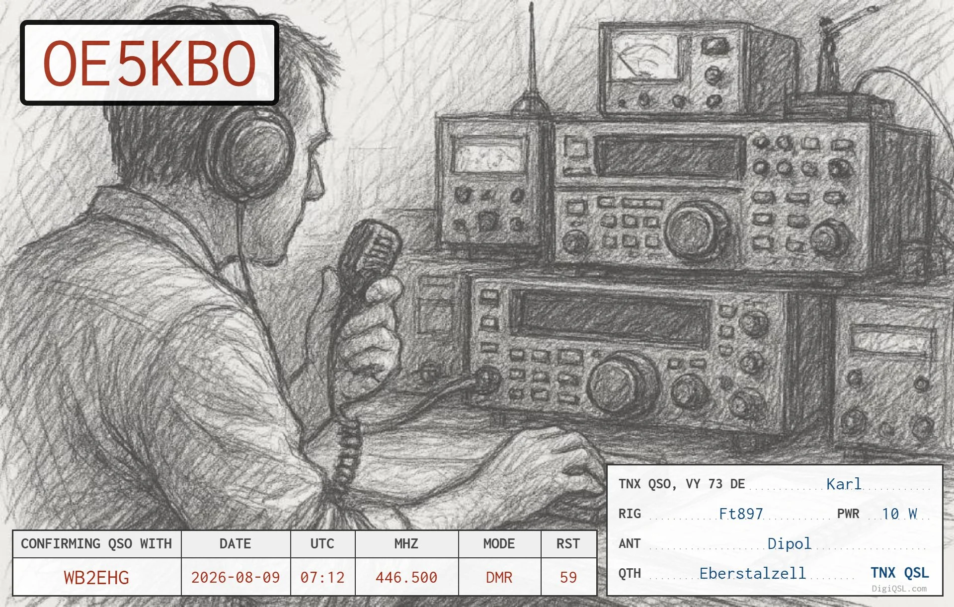 OE5KBO — Eberstalzell, Austria. A 5×9 DMR contact with Karl on Worldwide Talkgroup 91 at 07:12 UTC on August 9, 2026. His hand-drawn-style DigiQSL captures the classic spirit of amateur radio—a microphone, a well-equipped station, and a conversation 