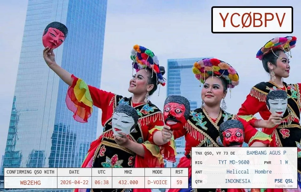 QSL card from Bambang Agus P., YCØBPV, in Indonesia, confirming a 70-centimeter digital voice contact with WB2EHG on April 22, 2026. The card features performers in colorful traditional Indonesian dress holding theatrical masks.