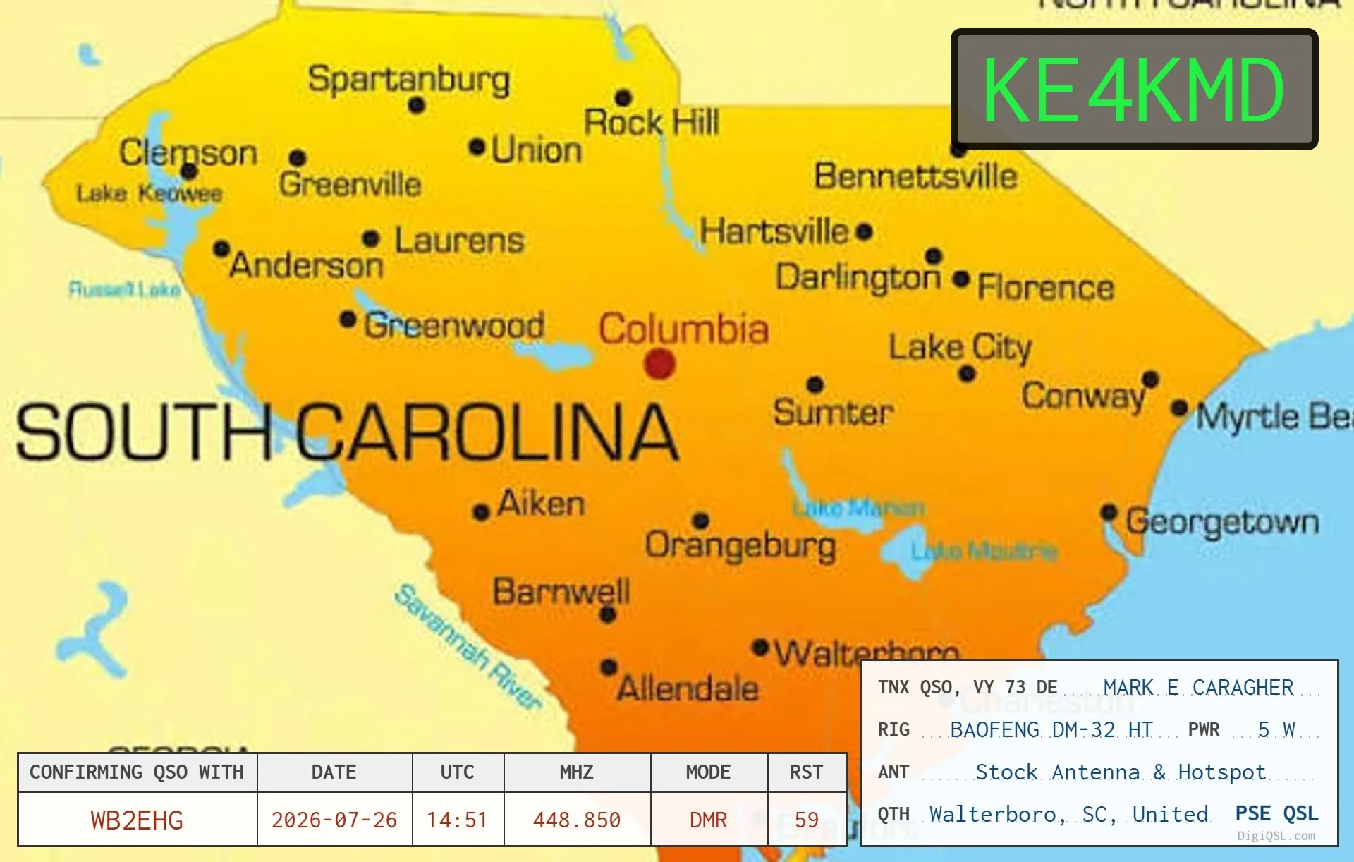 QSL card from South Carolina operator KE4KMD in Walterboro, featuring a colorful map of South Carolina.