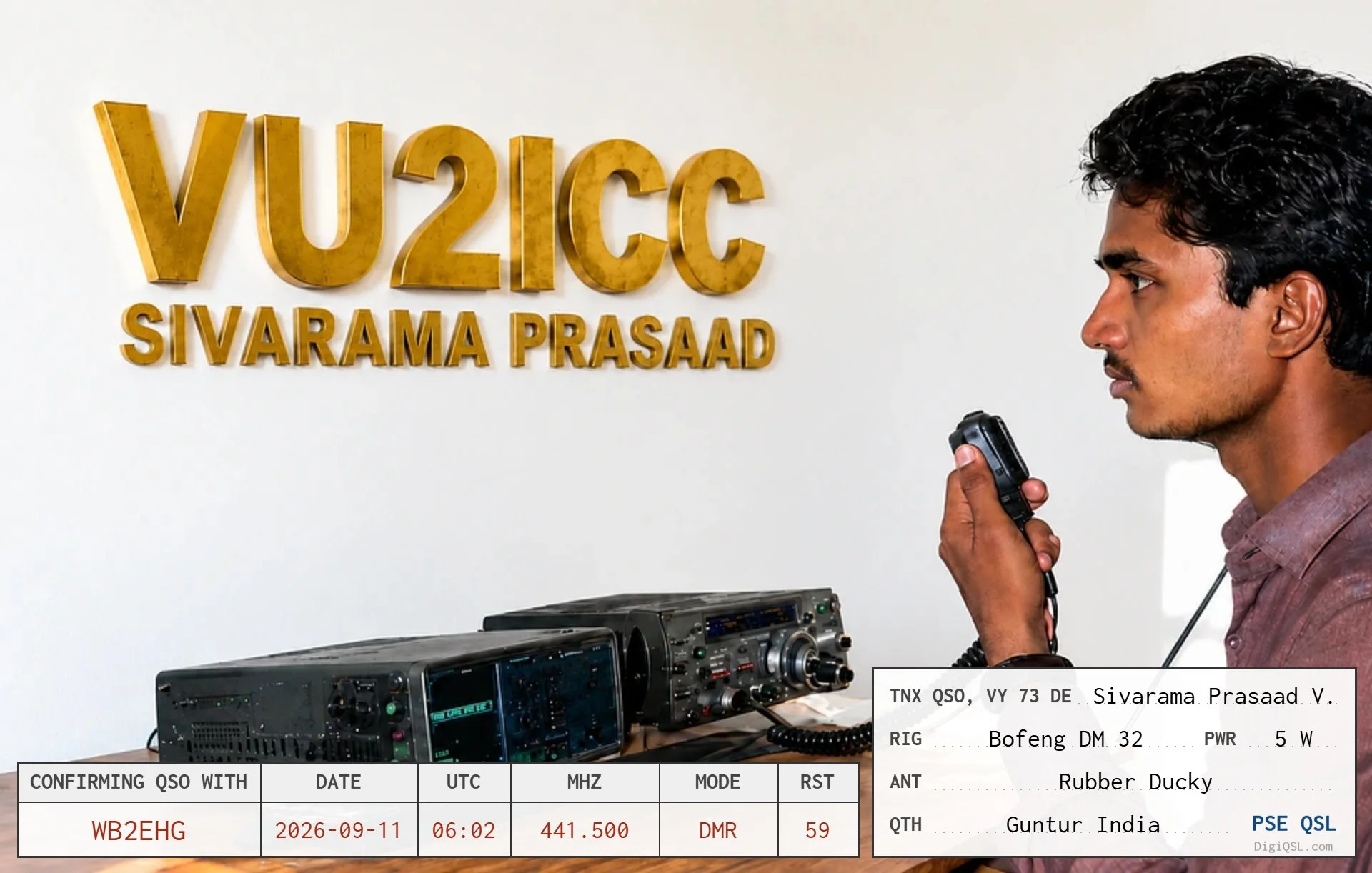 From Brooklyn to Guntur! This DigiQSL confirms our DMR contact on September 11, 2026, at 06:02 UTC on 441.500 MHz, with a 59 signal report. Sivarama operated with 5 watts and a rubber-duck antenna—another welcome connection across the world through d
