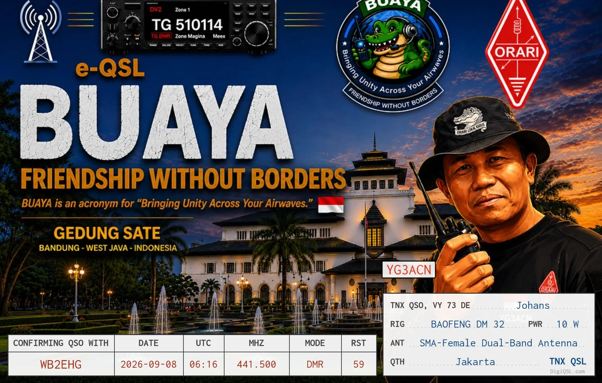 DigiQSL confirmation from YG3ACN, Johans in Indonesia, for our DMR QSO on September 8, 2026 at 06:16 UTC on 441.500 MHz. The colorful BUAYA “Friendship Without Borders” card features Bandung’s historic Gedung Sate, Indonesian and ORARI imagery, and c