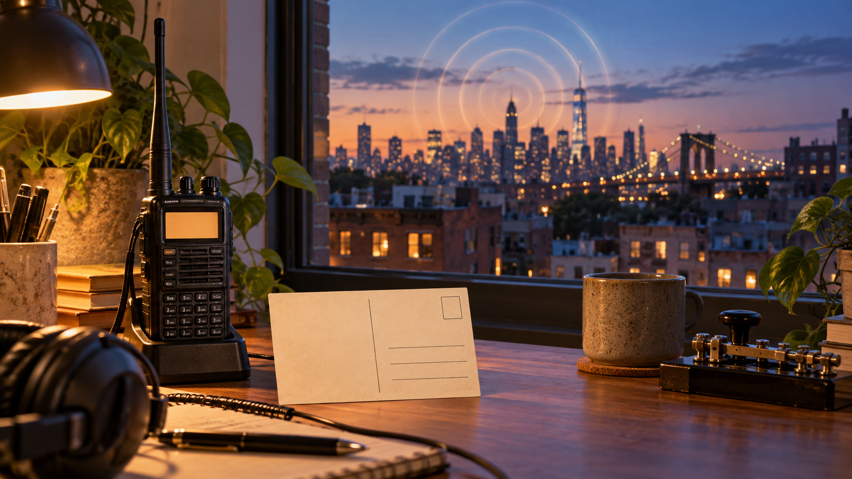 Amateur radio handheld and blank QSL card on a Brooklyn apartment desk at dusk, with city rooftops beyond the window.