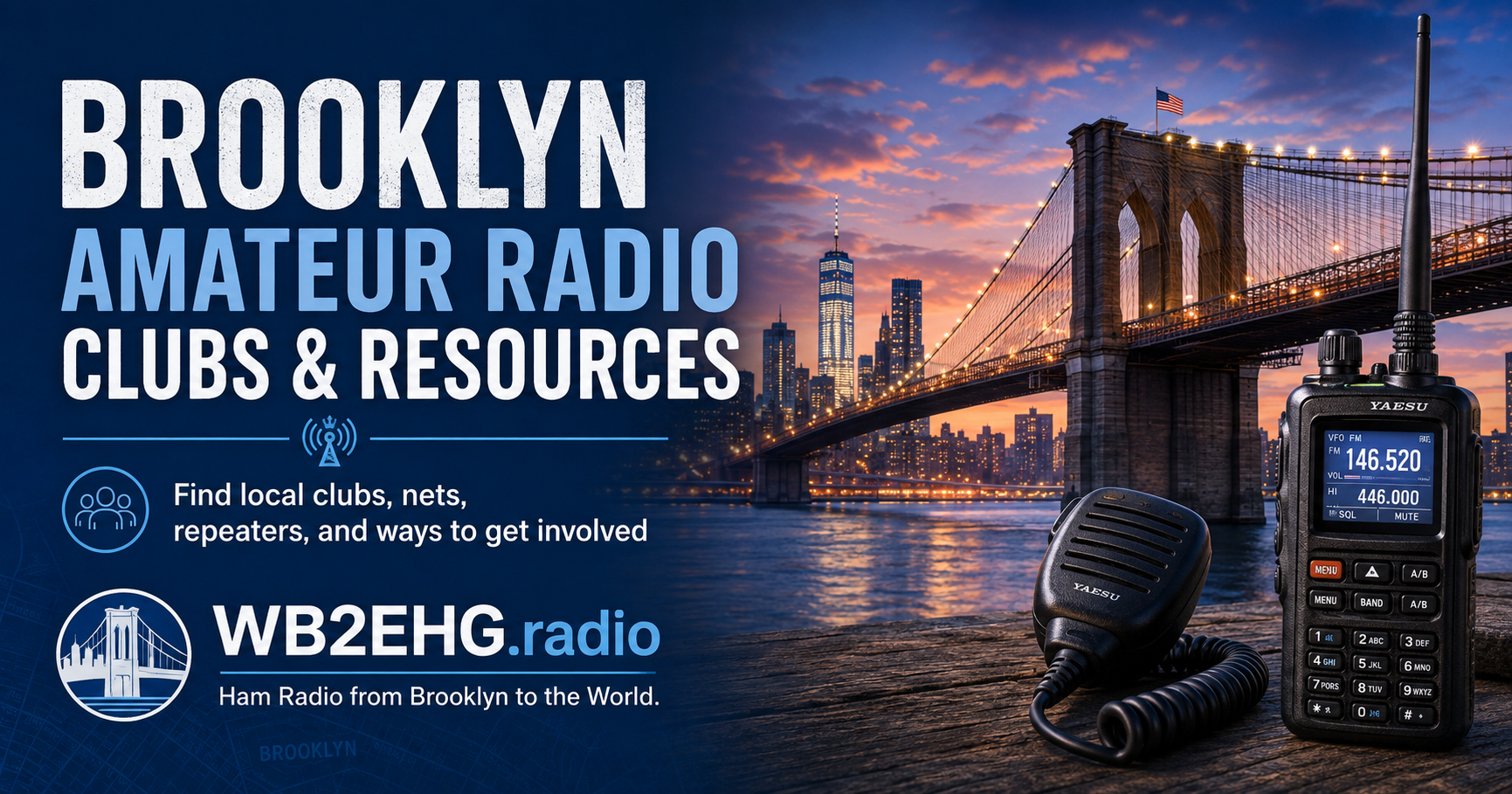 Brooklyn Amateur Radio Clubs & Resources social image featuring the Brooklyn Bridge and New York City skyline at dusk, alongside a handheld amateur radio and microphone, with text promoting local ham radio clubs, nets, repeaters, and WB2EHG.radio.
