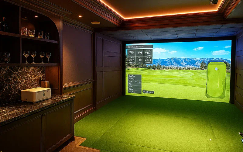 Indoor golf simulation room with a large screen displaying a golf course, green carpet, and wooden paneling.
