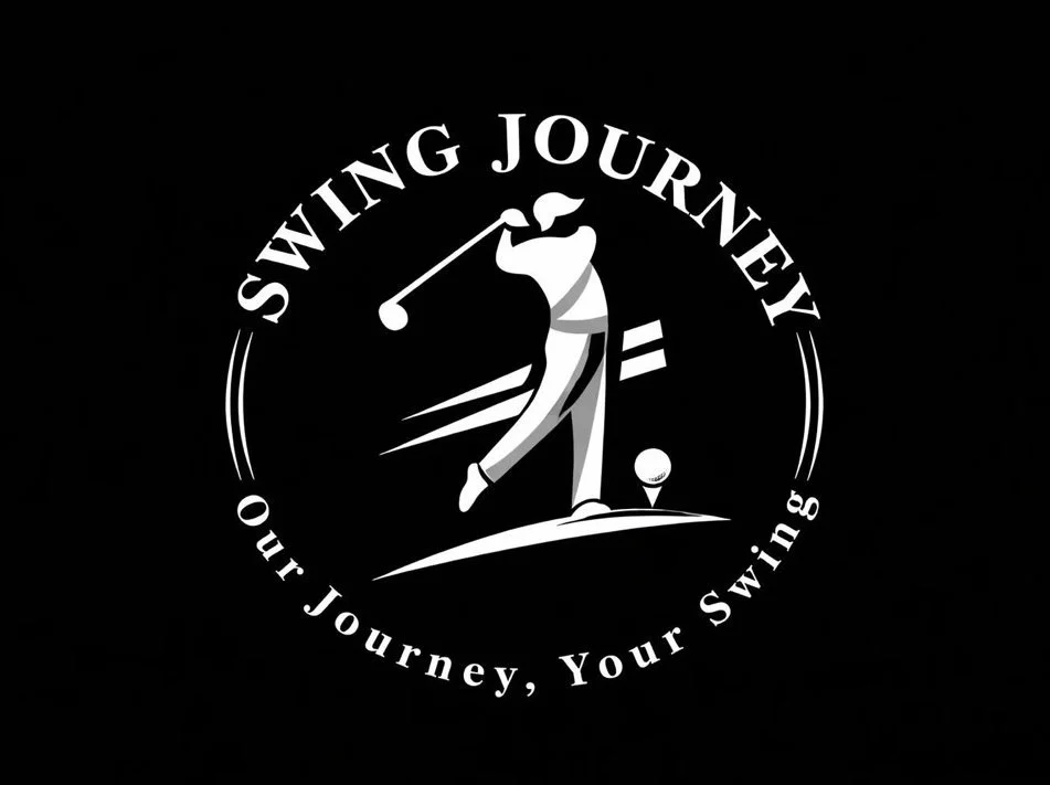 Logo for Swing Journey featuring a stylized golfer swinging a club, with a golf ball and a golf tee, and the text 'Swing Journey' and 'Our Journey, Your Swing' in a circular design.