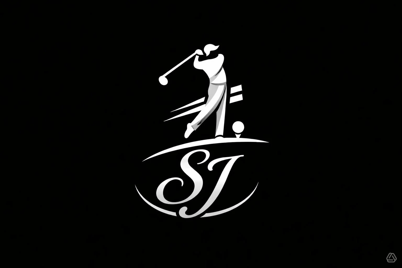 Stylized logo of a female golfer swinging a golf club on a black background, with the initials 'SJ' below.