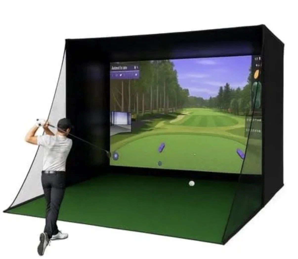 Person playing golf on an indoor virtual golf simulator with a large screen displaying a golf course.