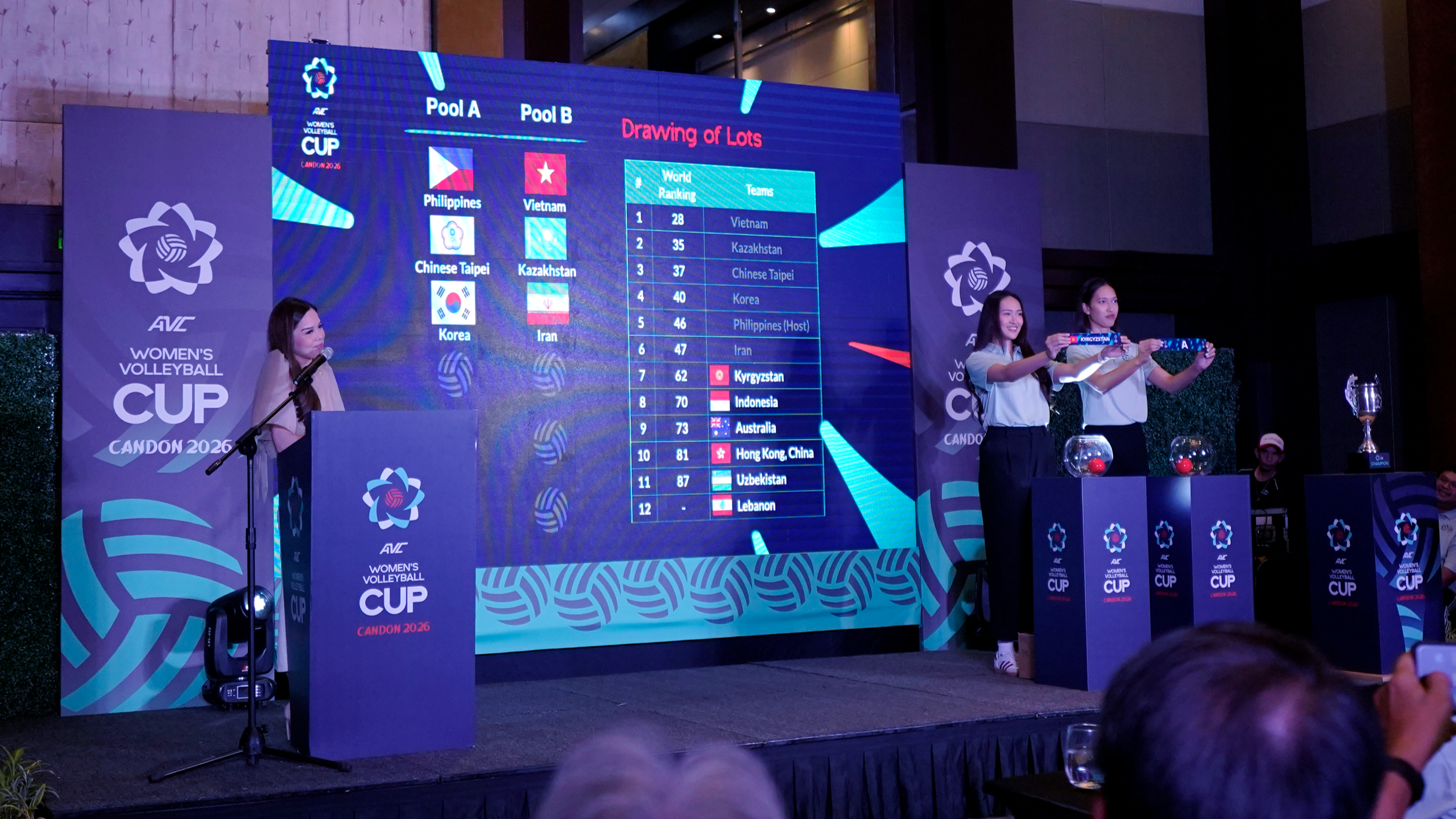 A large screen at a volleyball event displays the drawing of lots for pool teams, with rankings and team names. To the left, a woman is speaking at a podium, and on the right, two women are holding a card with the Kyrgyzstan flag, standing near raffl