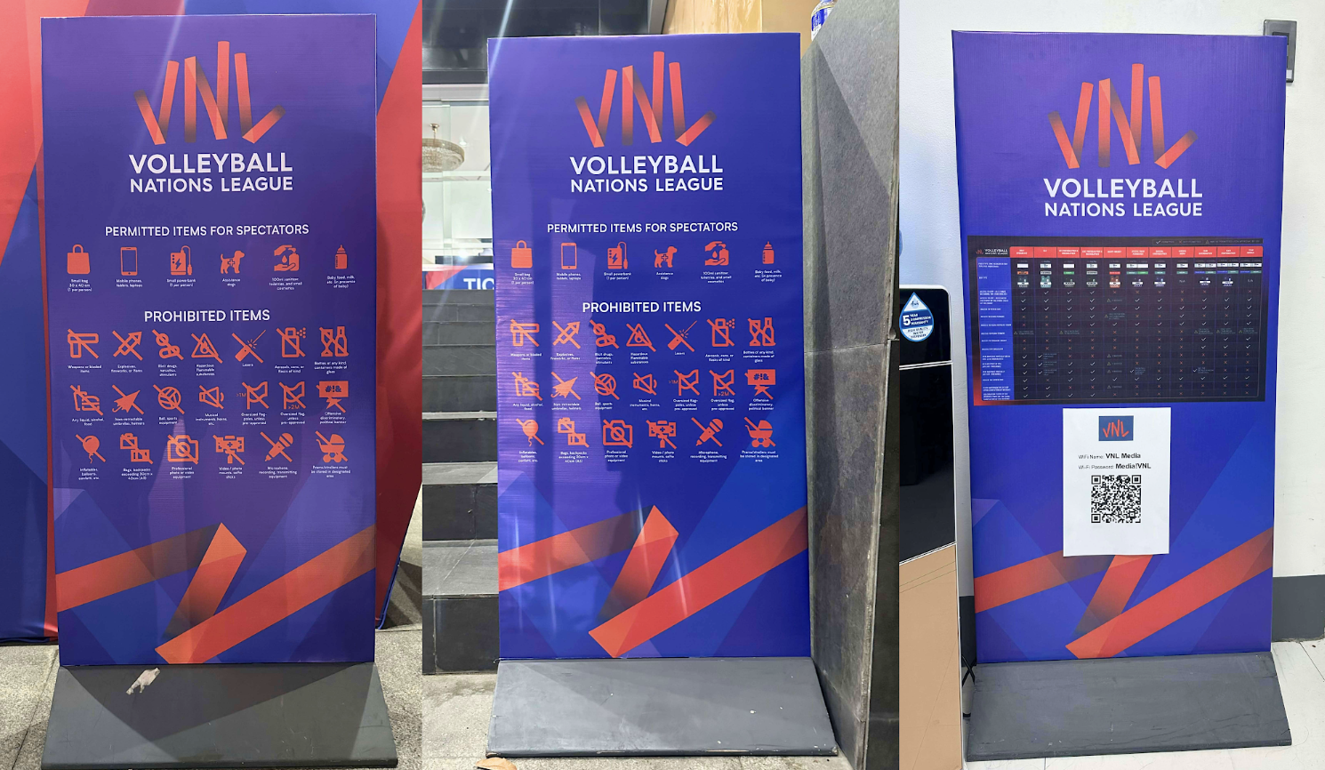 Three volleyball league information boards showing permitted and prohibited items for spectators, with schedules, QR code, and league logo.