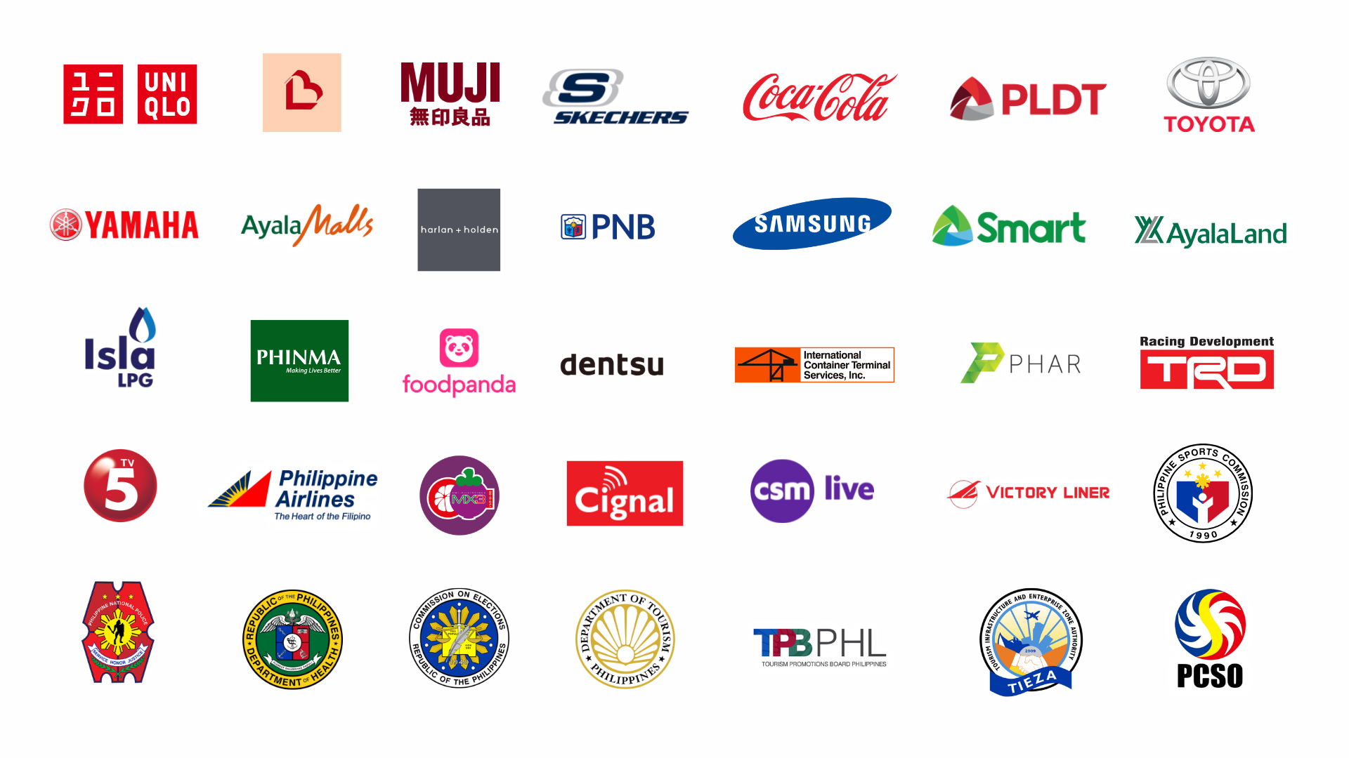 Collection of various company logos, including Uniqlo, MUJI, Skechers, Coca-Cola, Toyota, Samsung, Philippine Airlines, and others in a grid format.