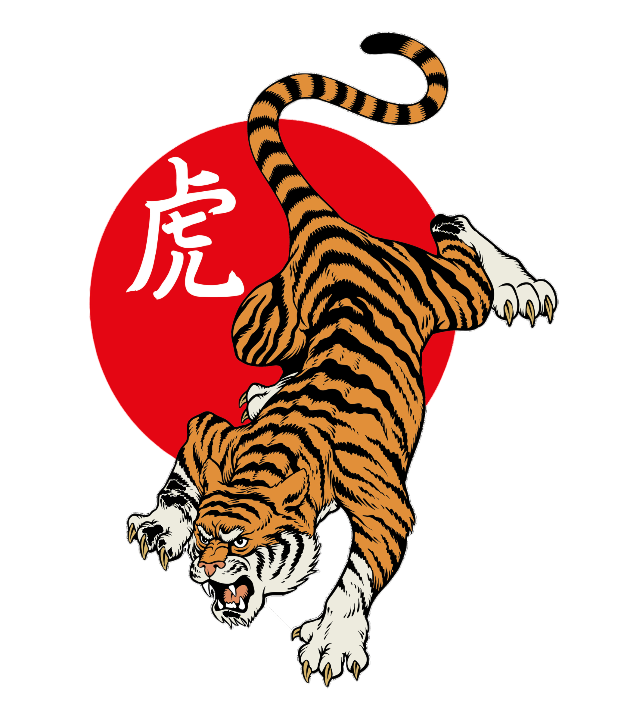A roaring tiger with orange fur and black stripes, climbing over a red circular background with a white Japanese character, on a black background.