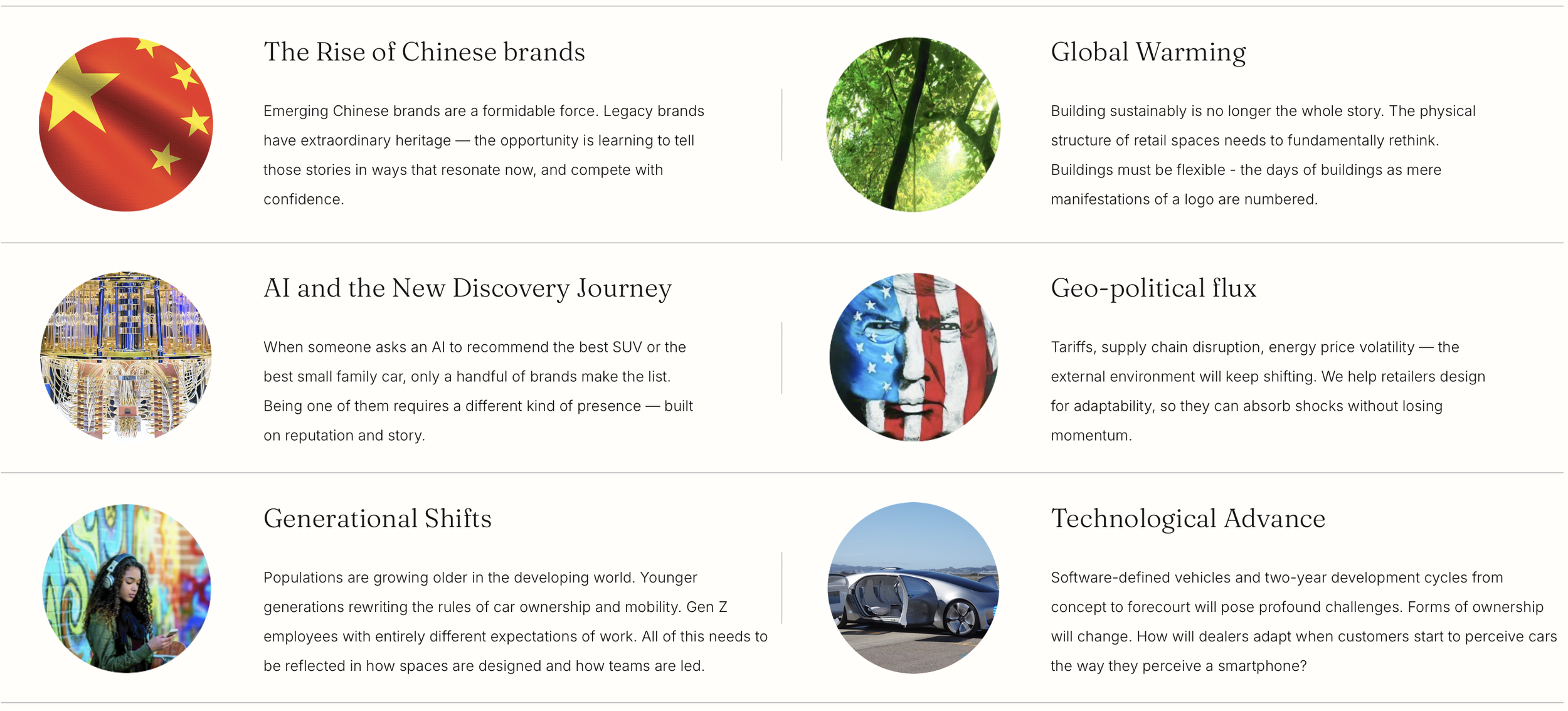 An infographic with circular images and text discussing various global topics, including the rise of Chinese brands, global warming, AI and discovery, geo-political flux, generational shifts, and technological advances.