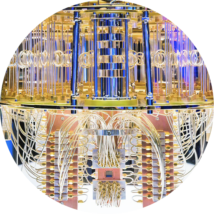 Close-up view of a complex, futuristic-looking, illuminated computer or electronic circuit with intricate wiring and metallic components.