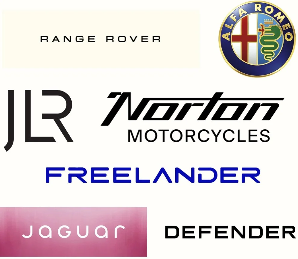 A collection of car and motorcycle brand logos including Range Rover, Alfa Romeo, Norton Motorcycles, Freelander, Jaguar, and Defender.