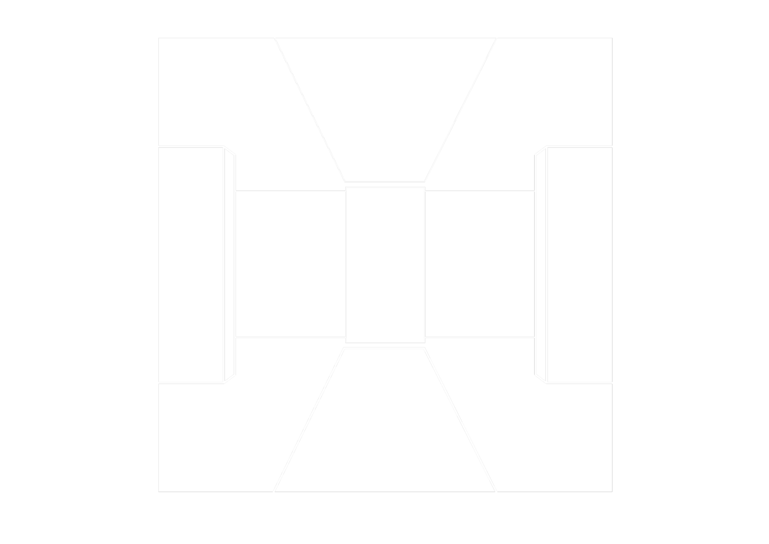 Line drawing of a rectangular table with a central square section and seating on all four sides, viewed from above.